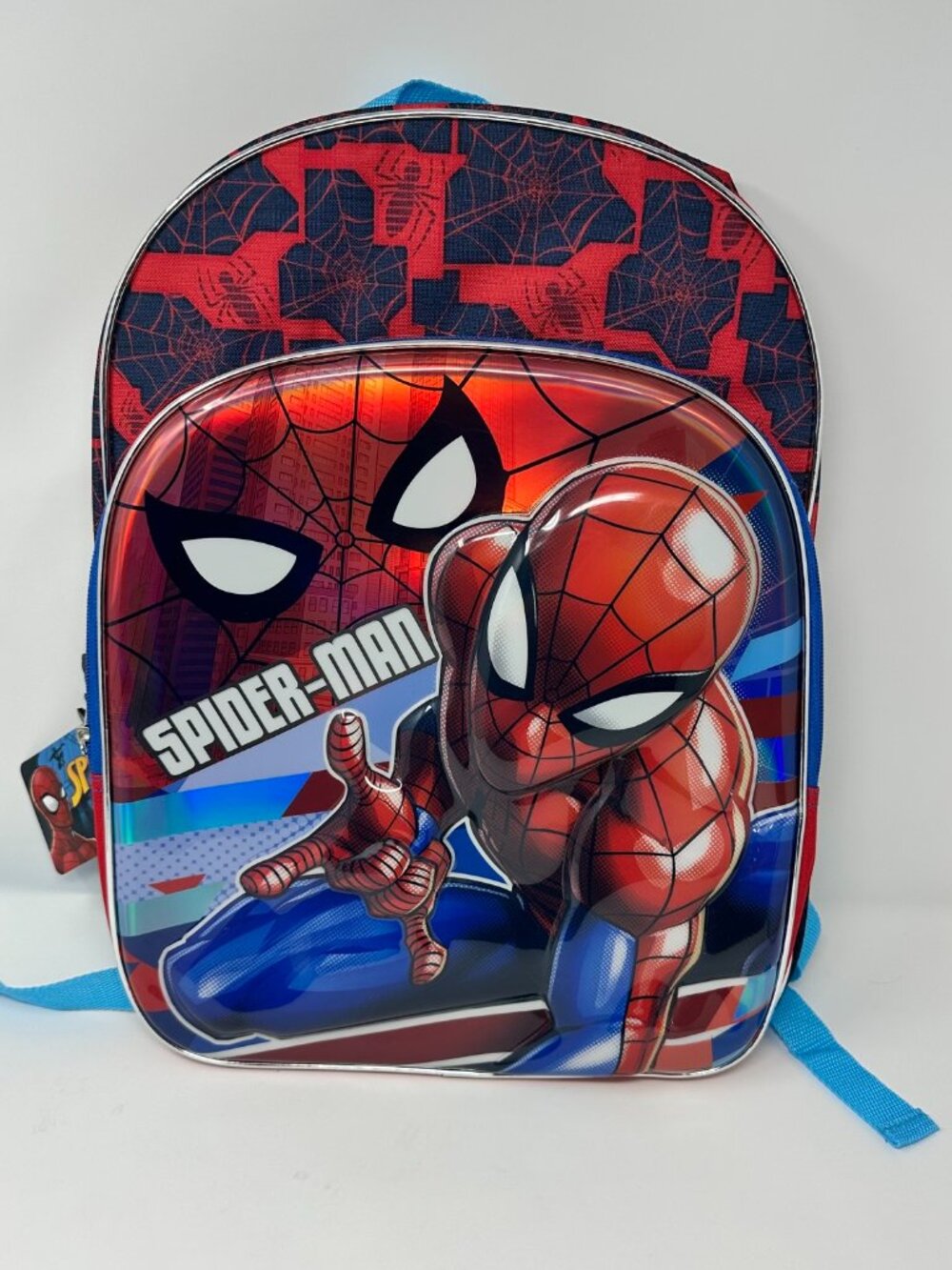 NWT Marvel Spider-Man Backpack w/ Bottle Pocket 3D Pocket Blue/Red 17x12x5